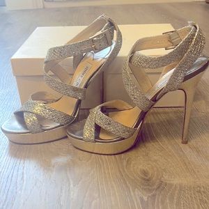 Jimmy Choo Metallic Silver Glitter Fabric Champagne Platform Strappy Sandals